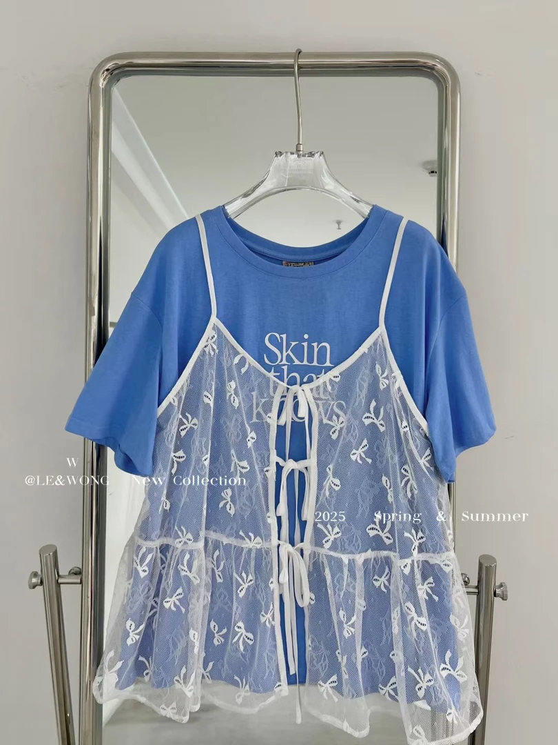 大码女装设计感拼接蓝色重工印花常规款蕾丝吊带