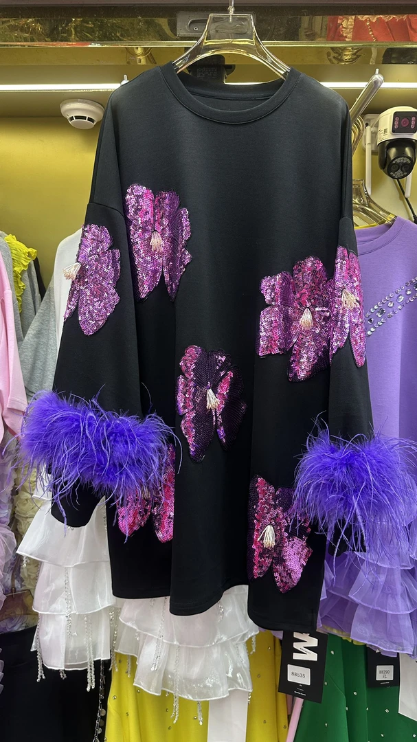 刘媛媛欧货  实拍M亮片羽毛重工新款减龄网纱大版甜美显瘦连衣裙