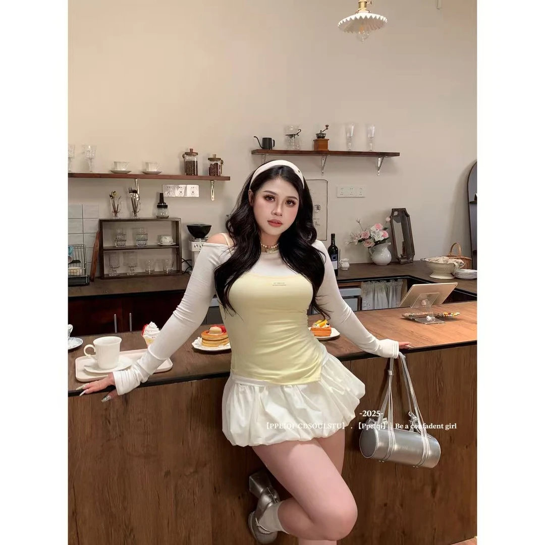 【PPEIQI】"纯欲奶杏"微胖套装叠穿修身斜肩吊带上衣女显瘦花苞裙