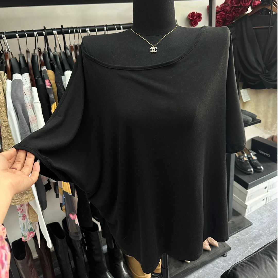 春夏中长款短袖吸汗透气可斜肩T恤时尚气质黑色网红