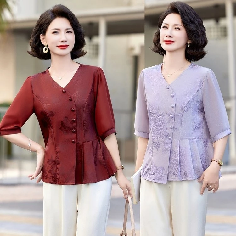 妈妈夏季新款时尚印花遮肚小衫洋气中老年女装国风宽松减龄上衣