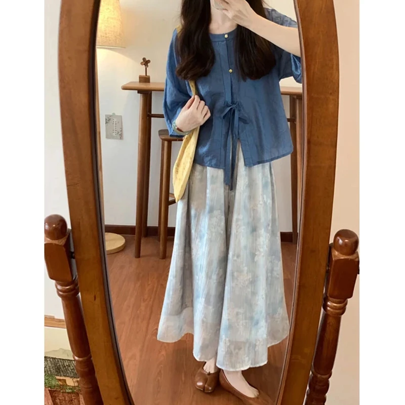 新中式国风穿搭套装女松弛感蓝色上衣搭配复古阔腿裙裤两件