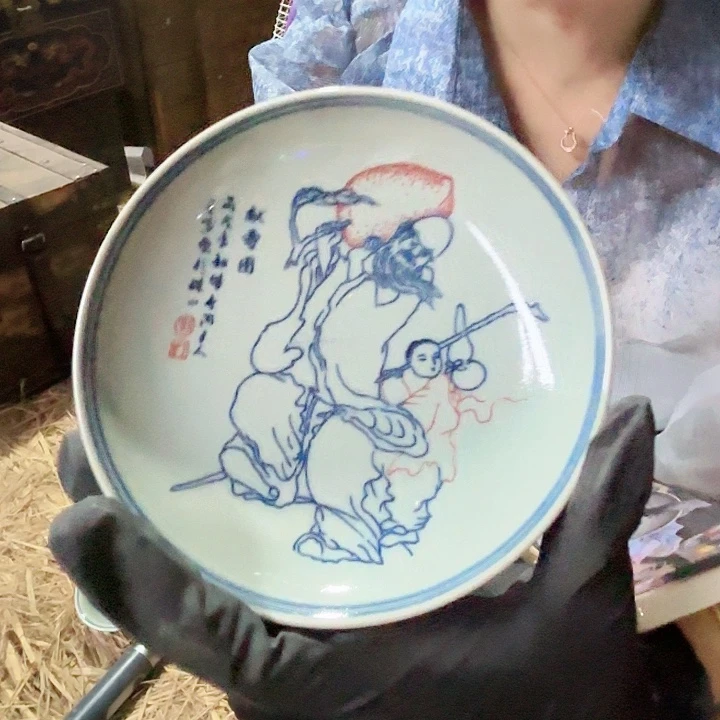 摆件景德镇高温陶瓷献寿图麻仓土碟