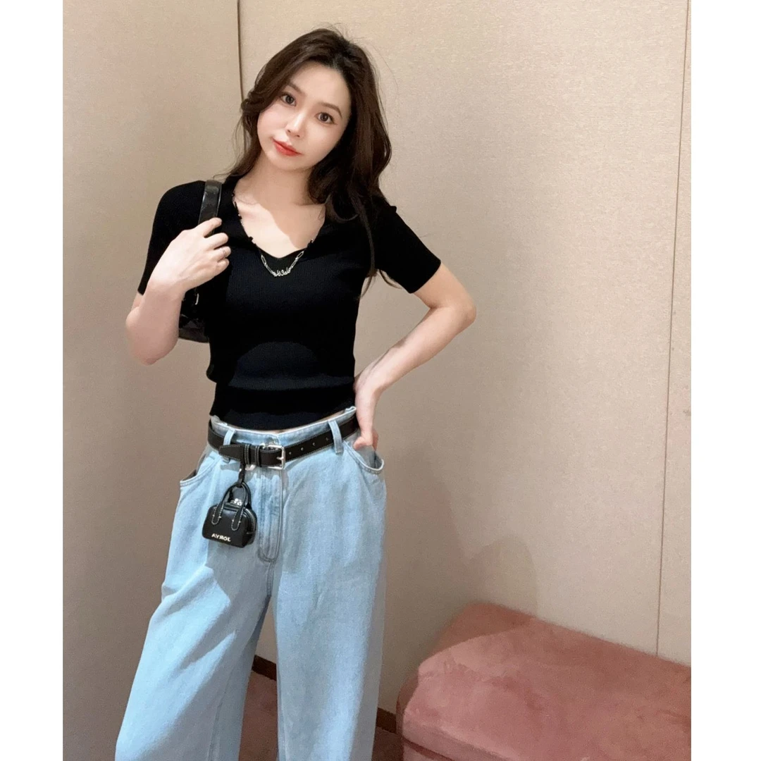 老钱气质针织衫2025夏季新款小心机链条V领短袖T恤显瘦百搭上衣女