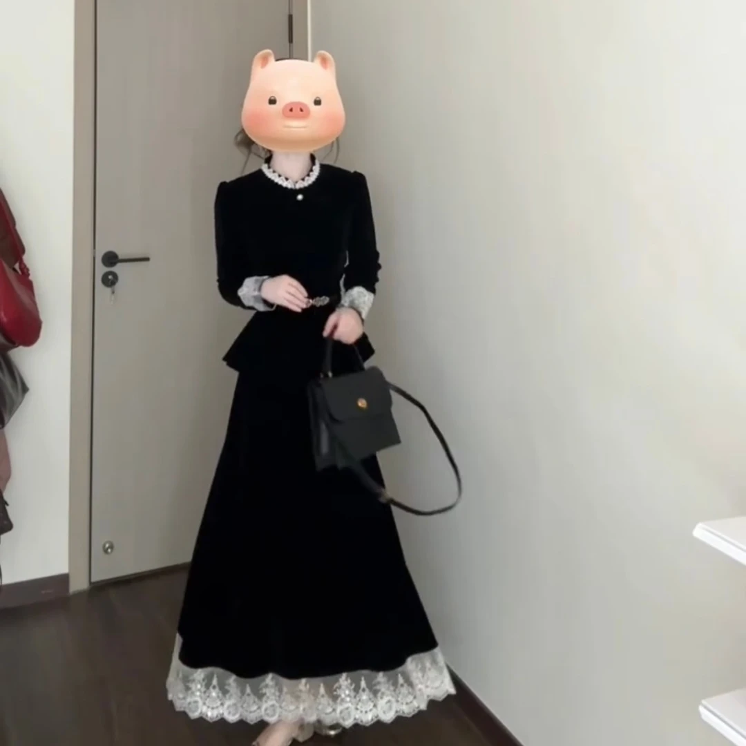 韩系时尚蕾丝拼接丝绒上衣半身裙女春秋穿搭轻奢高级感气质套装裙