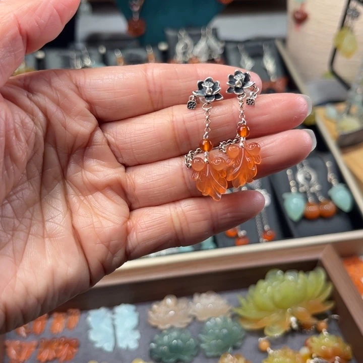 蛇纹石玉耳饰银S925镶嵌