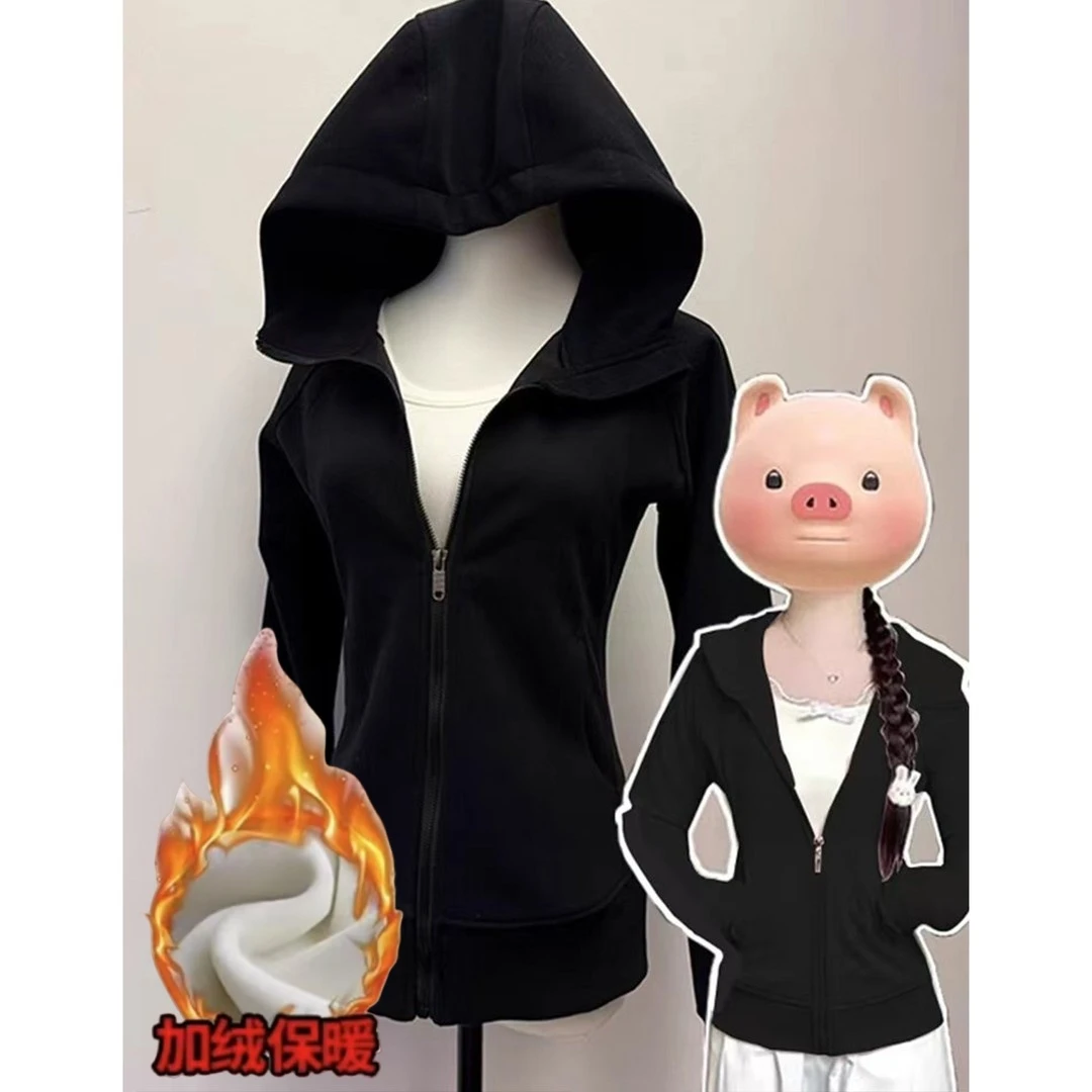 黑色加绒连帽卫衣女秋冬季收腰显瘦开衫卫衣休闲运动紧身正肩上衣