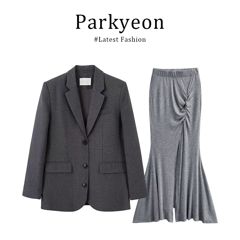 法式时尚气质高级感灰色西装外套针织鱼尾半身裙两件套装女春秋季