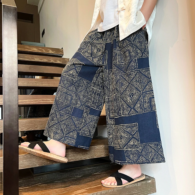 中国风男士休闲裤春季复古宽松大码印花长裤大裤衩潮流裙裤阔腿裤