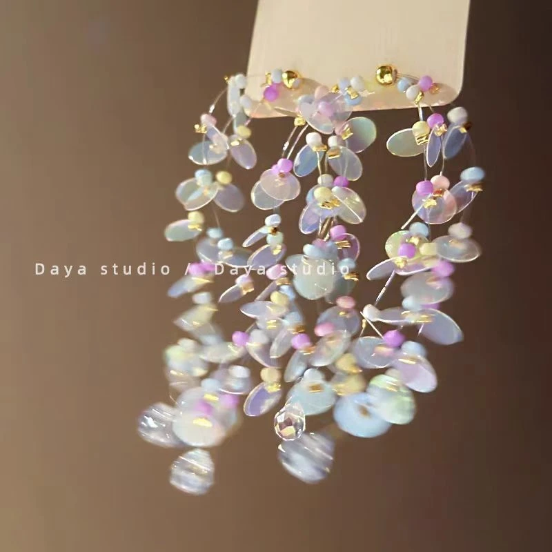 合金耳饰 甜美风超仙彩色片片串珠流苏耳钉少女心百搭耳饰品