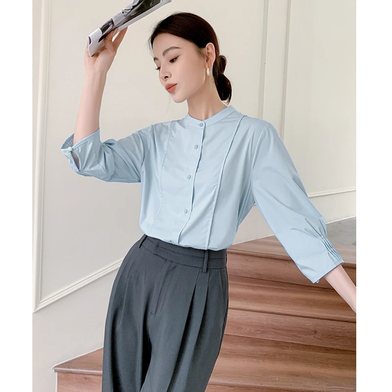 【粉丝专享】蓝色立领衬衫女夏季法式气质通勤衬衣宽松设计感上衣