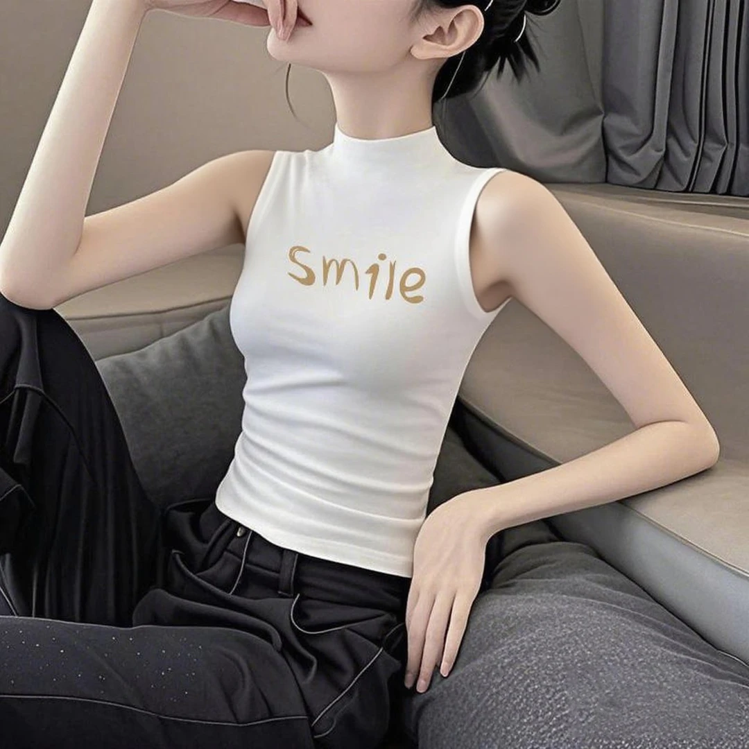 冰丝莫代尔半高领无袖背心女打底夏季百搭字母印花外穿上衣内搭秋