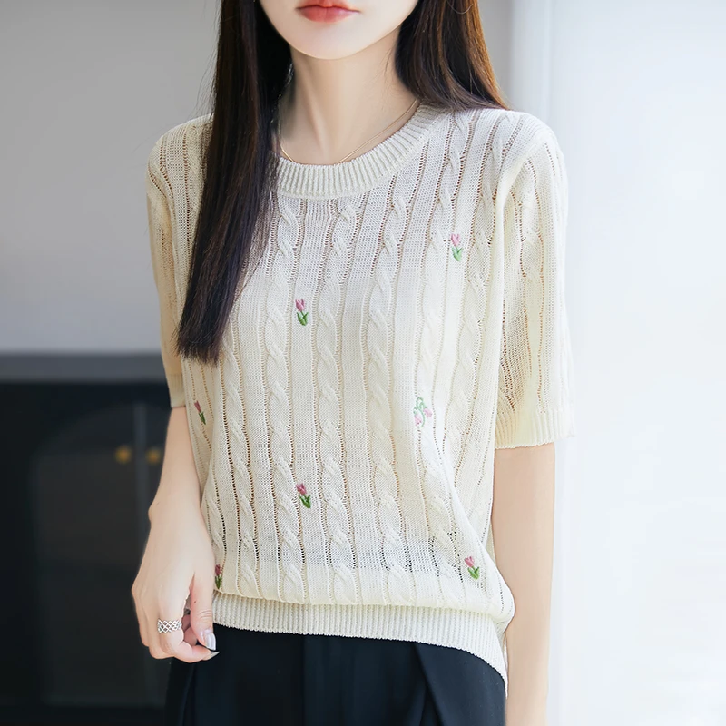 哥弟阿玛施官方新款珍珠麻刺绣针织衫夏季时尚百搭圆领短袖上衣女