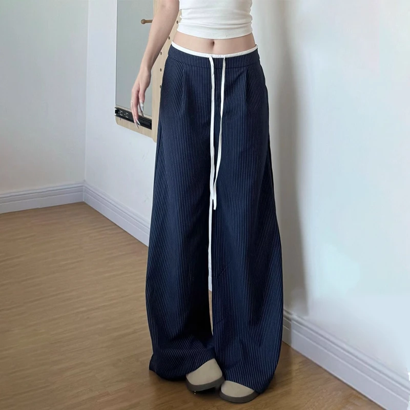 拉夏贝尔慵懒风条纹阔腿裤子女2025新款小众拼接日系宽松休闲长裤
