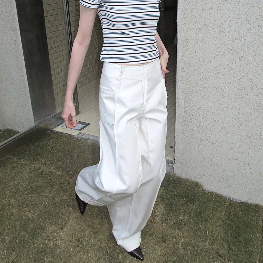 andnever e 立体结构条宽松阔腿黑白长裤女高级简约百搭休闲裤