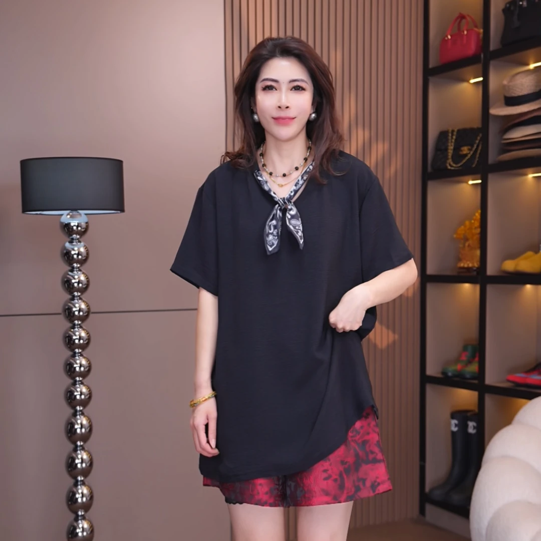 8861#《榜衣》韩版夏季新款时尚拼接丝巾设计师款潮流宽松短袖女T恤