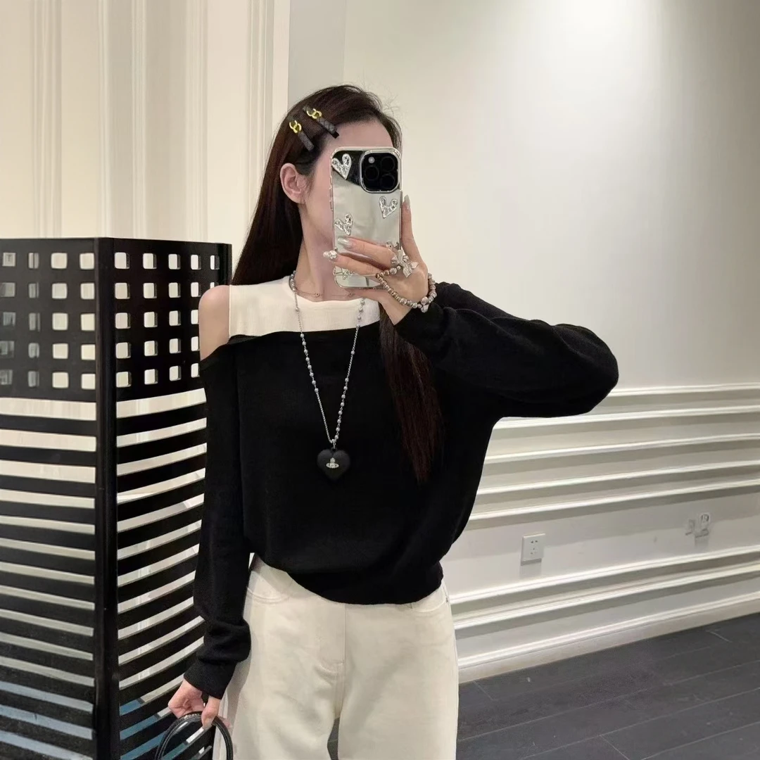 假两件拼接条纹设计感针织衫女2025春秋修身显瘦露肩独特别致上衣