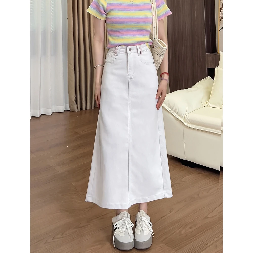 0625春夏季新款牛仔裙女米白色a字宽松半身裙遮肉设计感开叉裙子