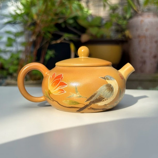 【陶点茶】建水紫陶空也乐烧重工花鸟系列刻填泥绘工艺精品紫陶壶