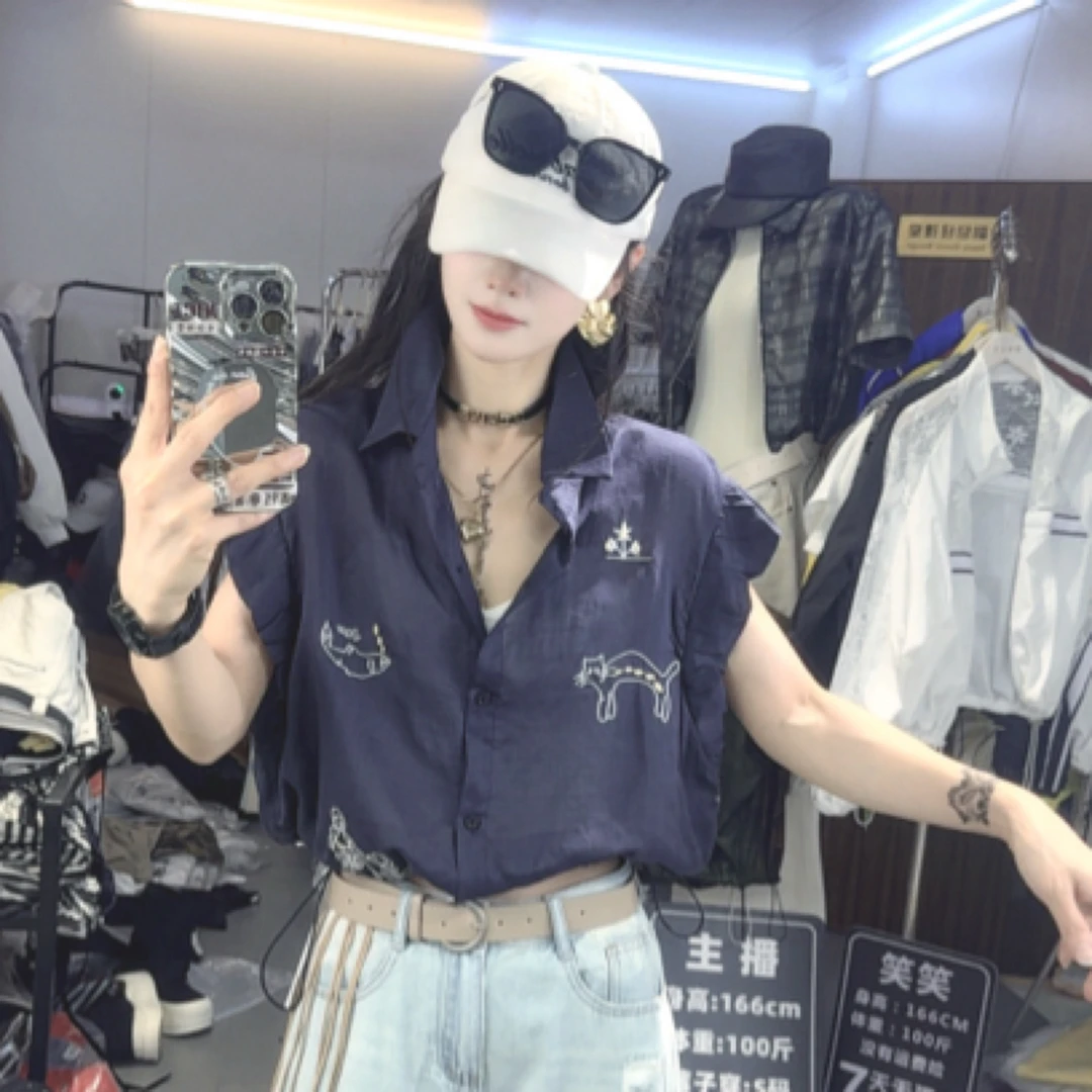 【C度笑笑力推】58191新品时尚小众美学系列苎麻刺绣短款衬衣