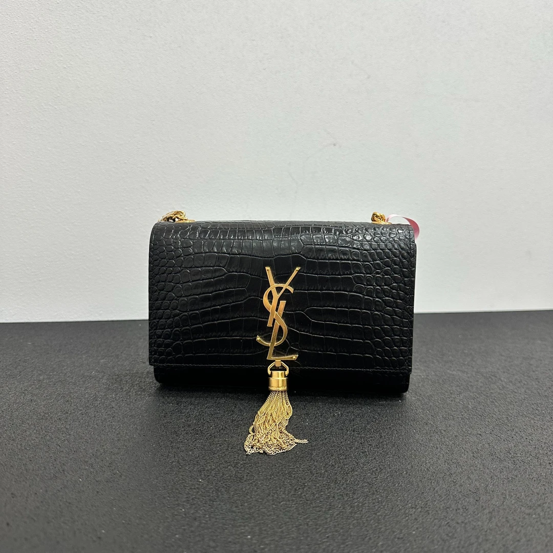 99新 YSL/圣罗兰 壹所/YSL kate 鳄压纹 流苏 小号 黑金 新款活动