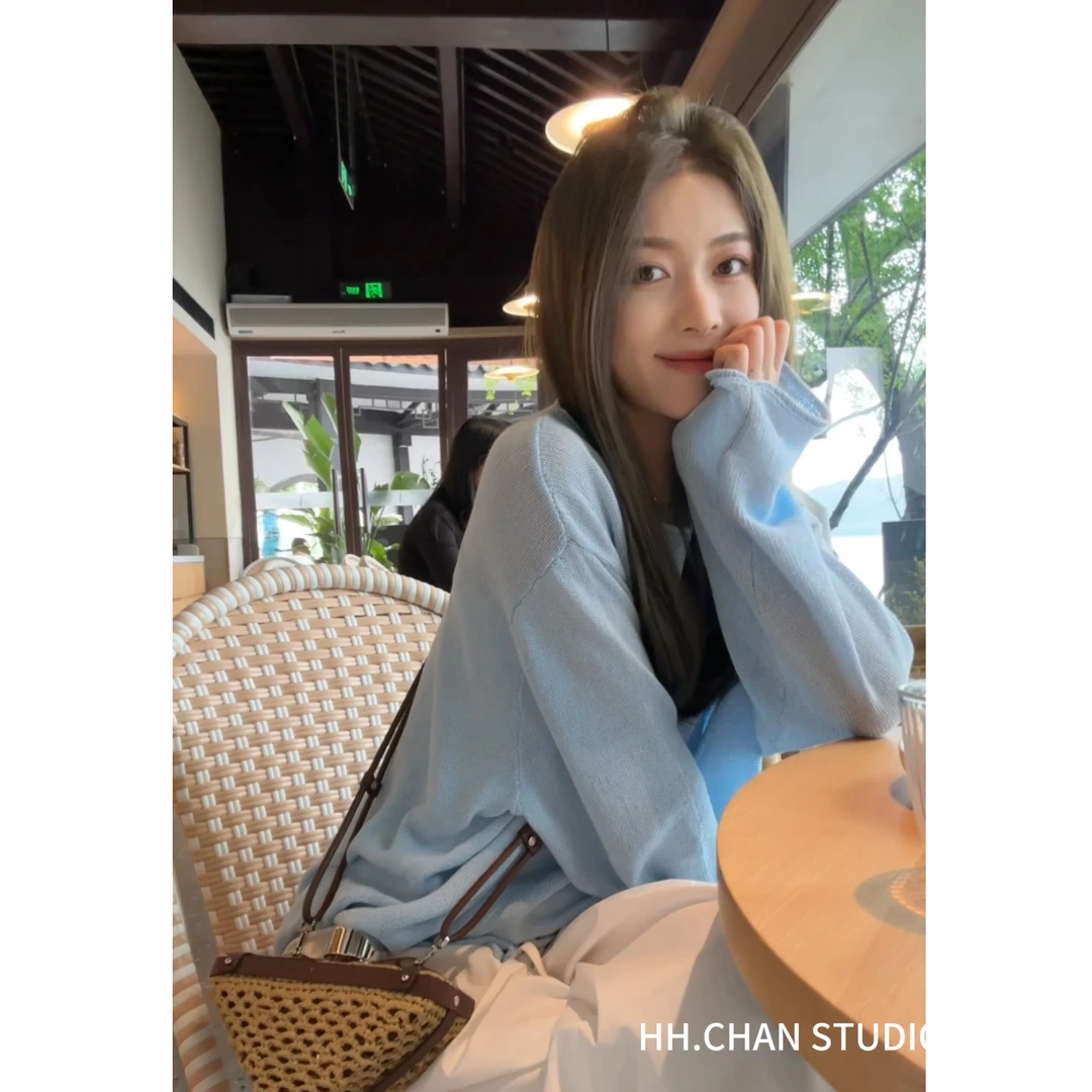 HH.CHAN“温柔罩衫”定制和纸纱莱赛尔精梳棉温柔蓝圆领针织罩衫