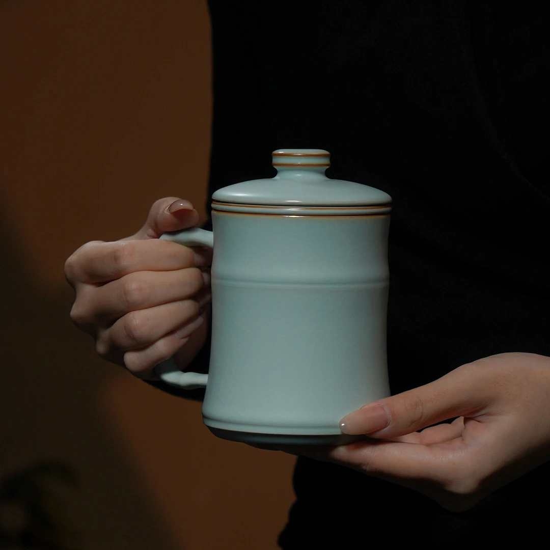 汝窑办公杯大容量陶瓷杯带盖青瓷茶杯男士泡茶专用开片可养玉节杯