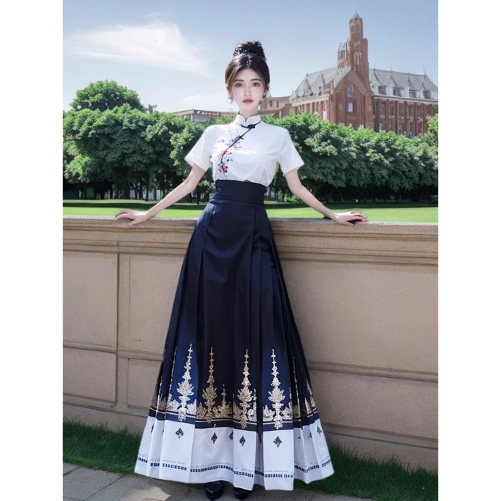 新中式超仙复古高级感绣花衬衫马面裙两件套2025夏季新款气质套装