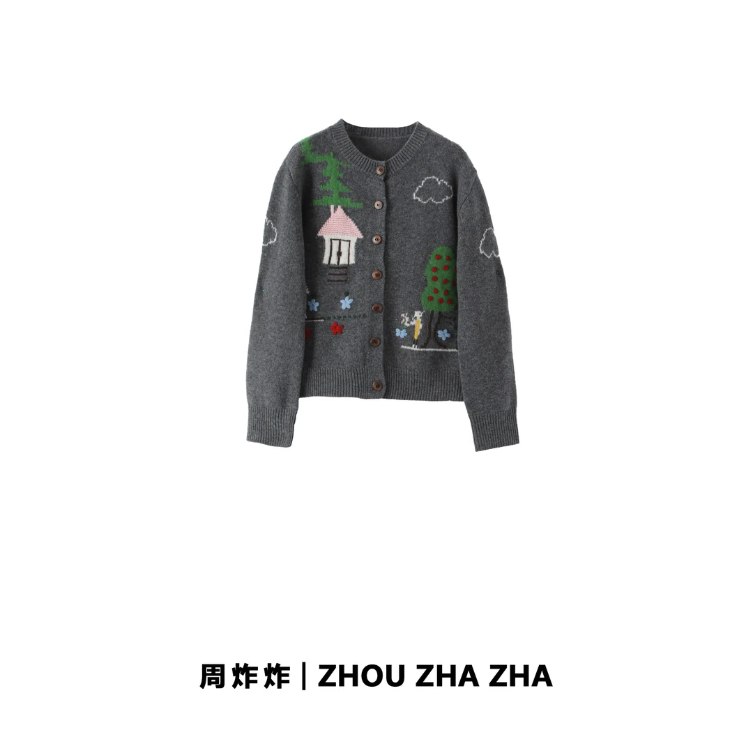 【周炸炸】羊毛设计感卡通刺绣针织衫百搭毛衣外套#241002