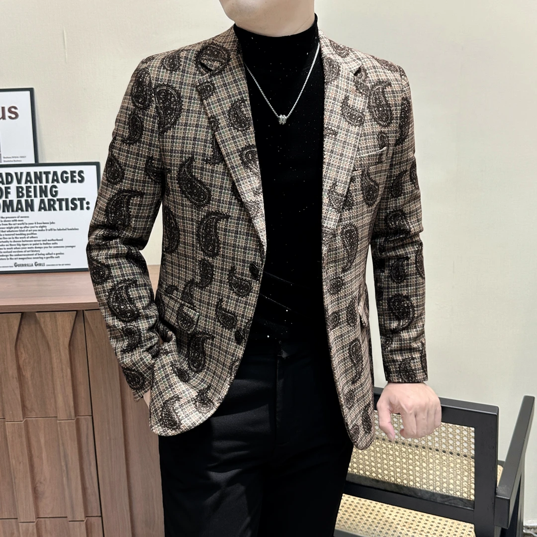 腰果花休闲西装外套男网红洋气炸街男装印花西服男款爆款2025新款