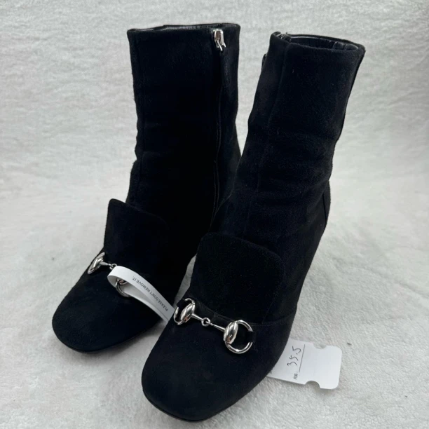 99新 GUCCI/古驰 黑色麂皮马衔扣低跟短靴/35.5码/FZ355