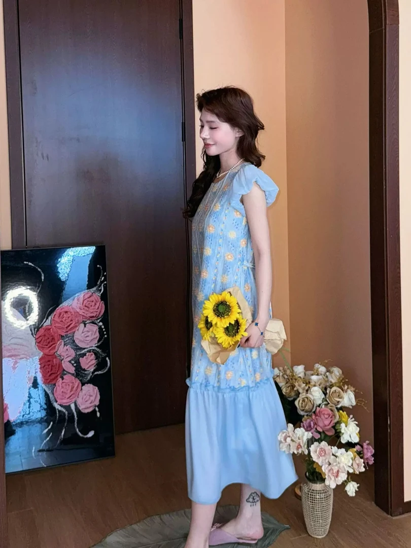 【浅蓝繁花】浪漫蓝色碎花连衣裙女2025夏季新款独特绝美仙女裙