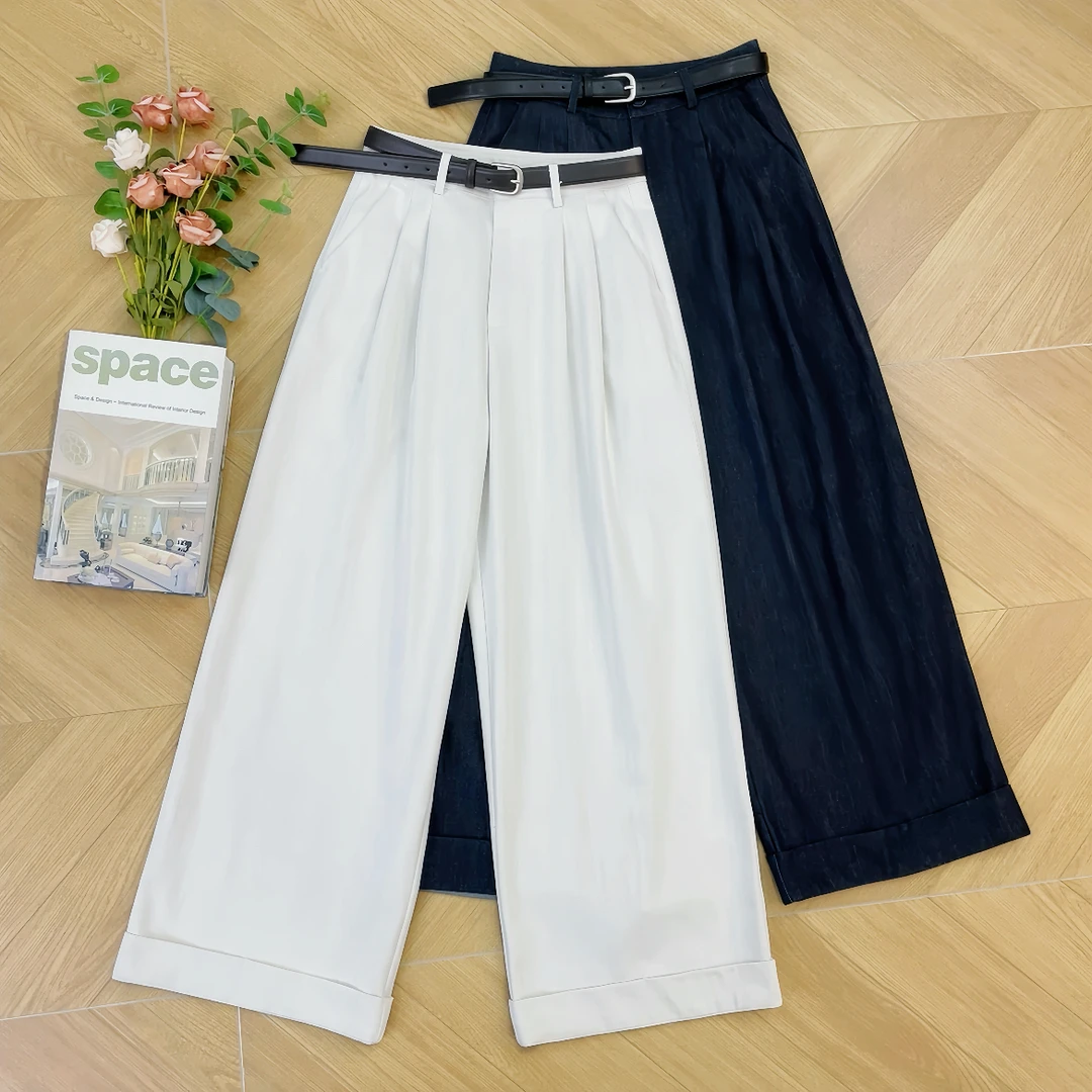 【希辰】韩版休闲翻边裤脚洋气天丝棉休闲宽松阔腿直筒裤12128