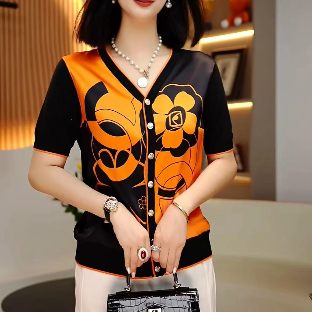 2025夏季新品桑蚕丝印花休闲V领女士打底短袖上衣-209-1