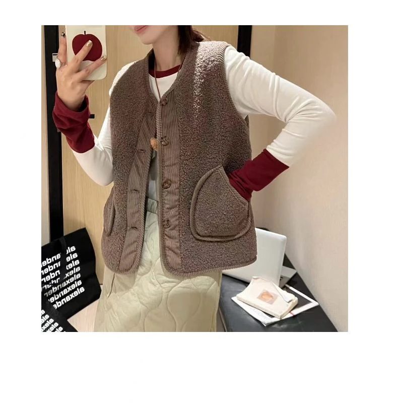 【大口袋毛毛马甲】Y韩系毛毛拼灯芯绒单排扣马甲叠穿神器女1033