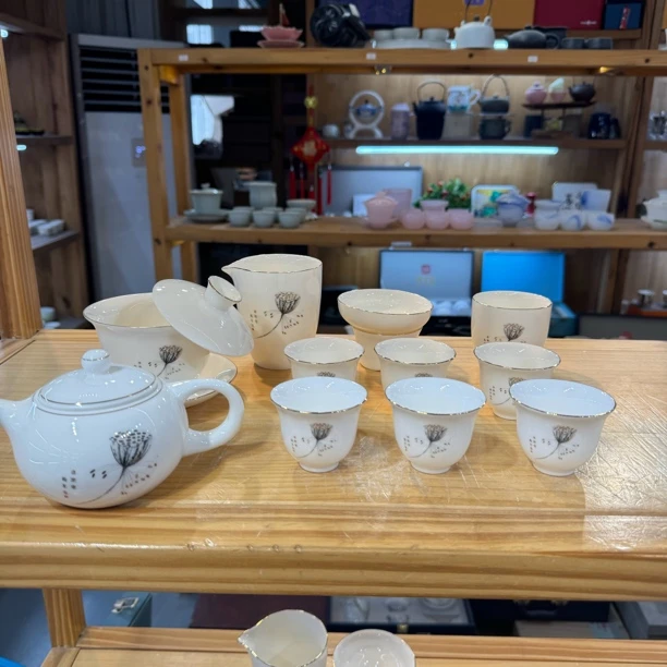 晟翔陶瓷茶具羊脂玉反口莲蓬12件套