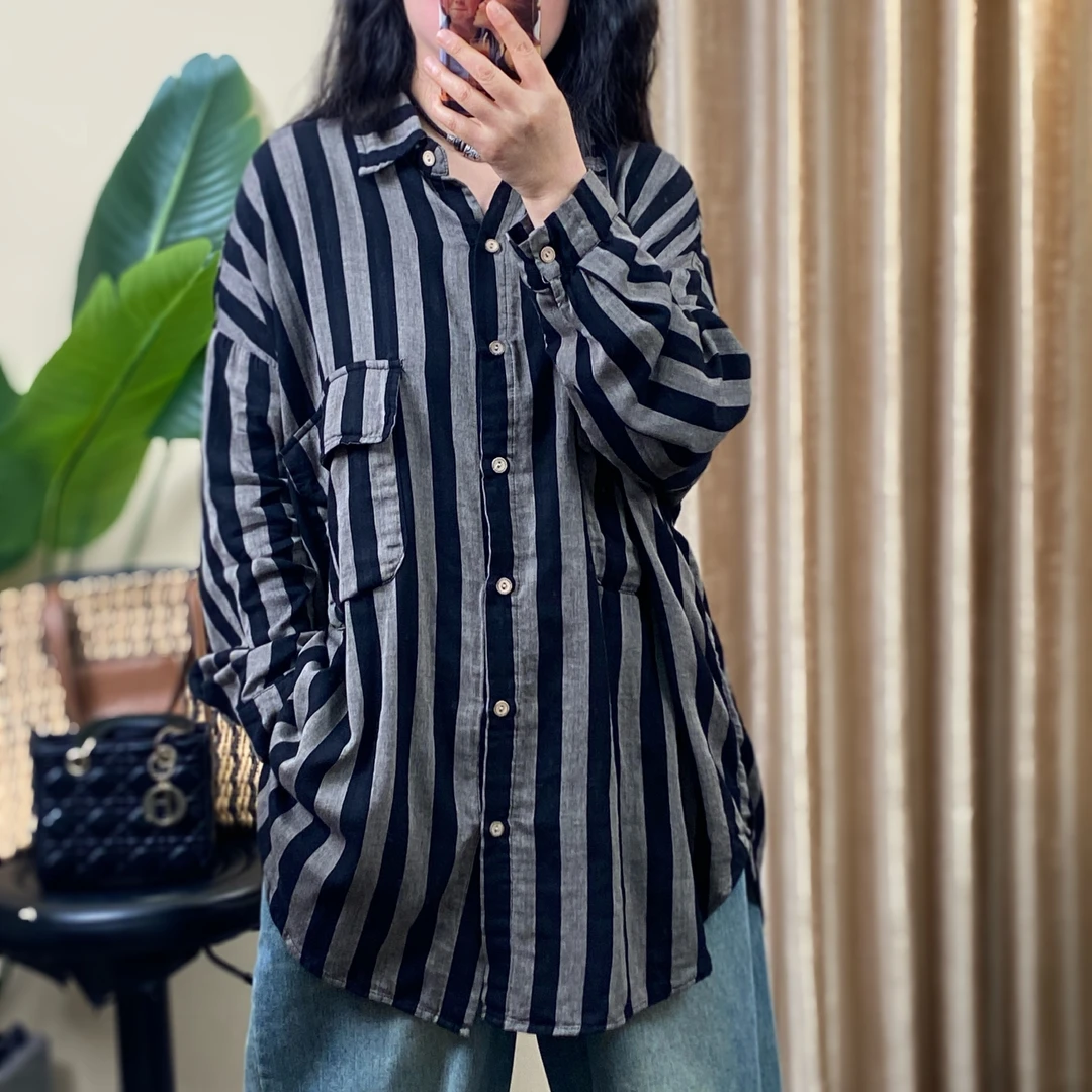 春季爆款时尚百搭显瘦韩版宽松休闲中长款条纹衬衫