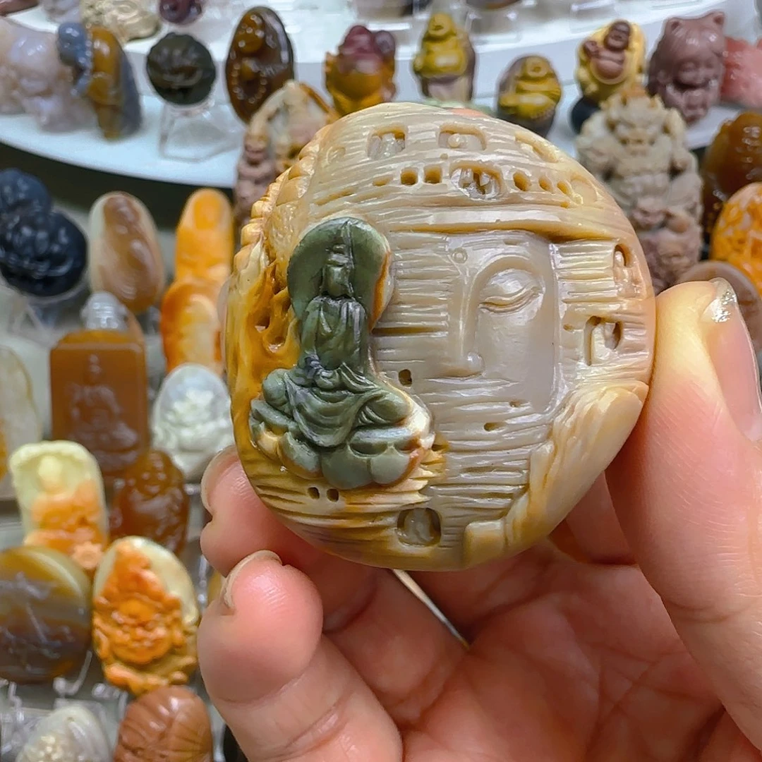 石英质玉吊坠未镶嵌天然阿拉善彩玉纯手工雕佛窟吊坠