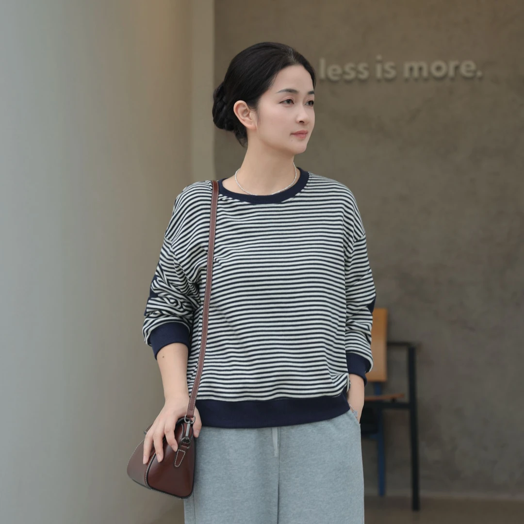 麻享【蓝条拼图】汉麻棉卫衣圆领宽松护肘条纹女士长袖T恤FSY50854