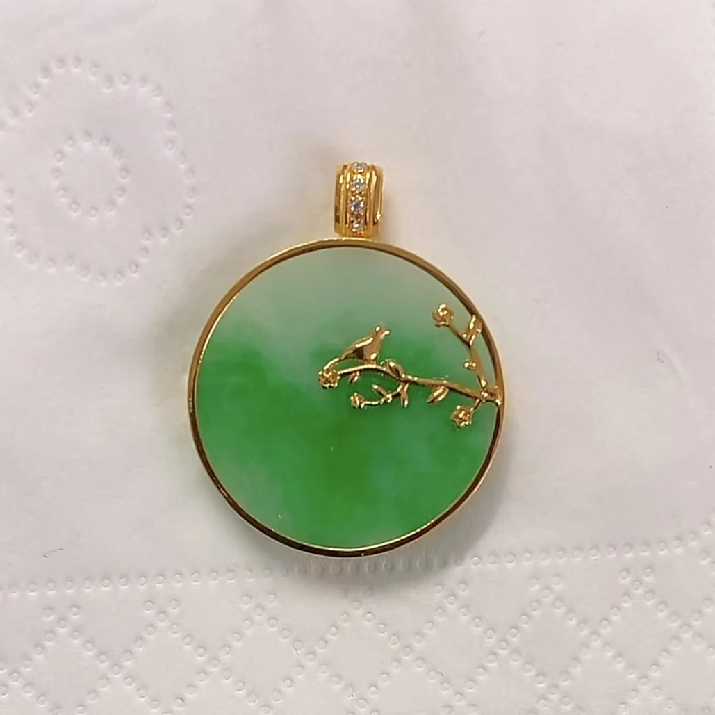 【瑜德翡翠】天然缅甸A货翡翠18k金镶嵌圆牌