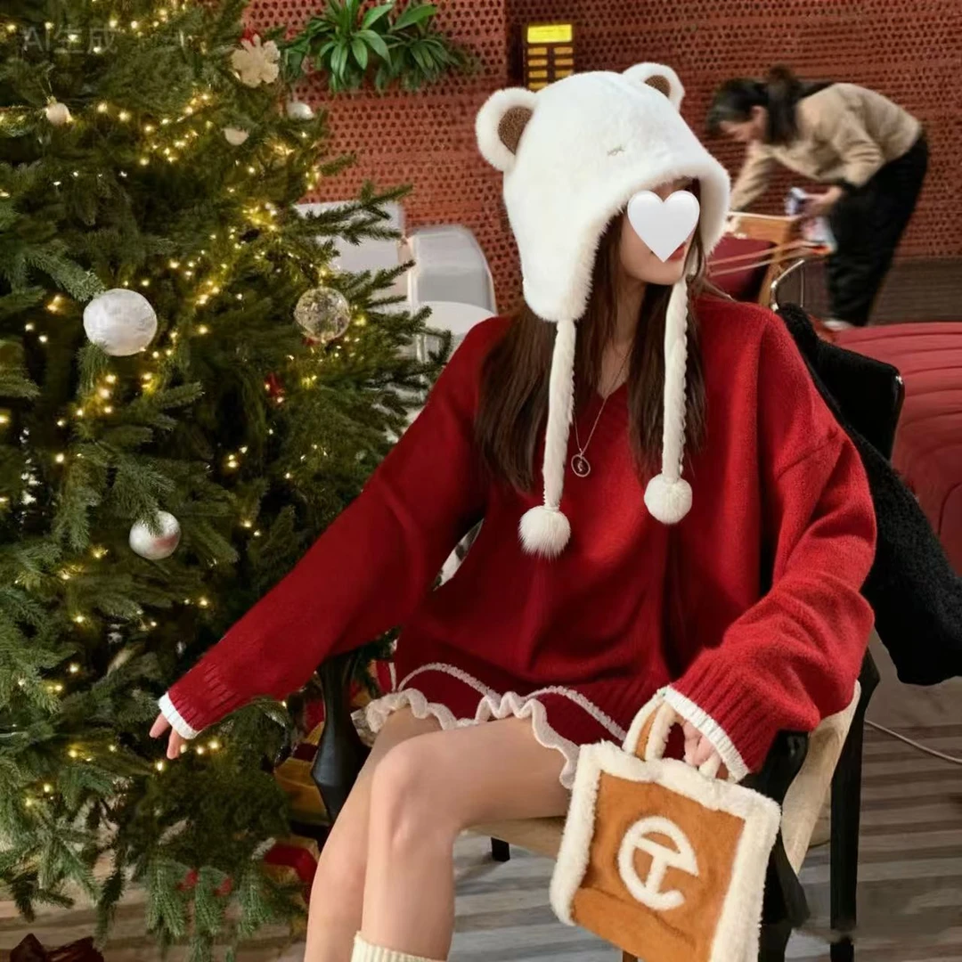 《象奇》早秋新款红色约会套装显嫩元旦圣诞节拼色套装