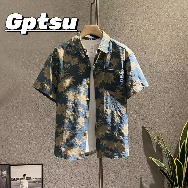 GPTSu高级感枫叶碎花衬衫男短袖夏季潮流轻熟风痞帅时尚薄款衬衣