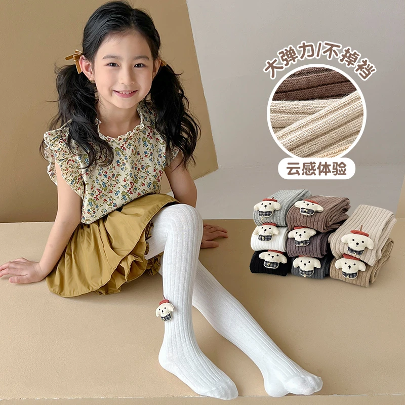 新款春秋款儿童打底裤宽条纹侧边铃铛麦狗狗公仔连裤袜