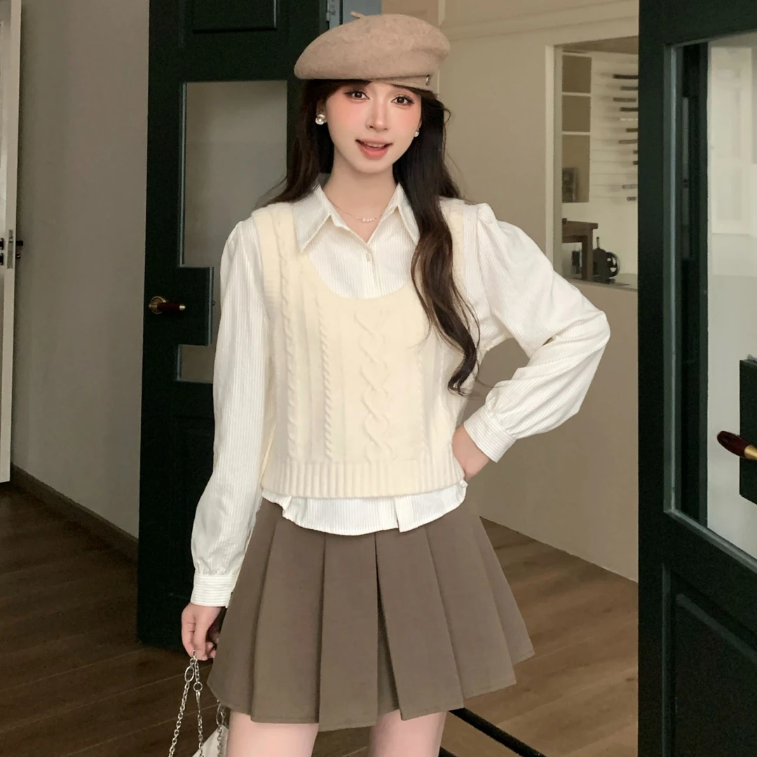 慕兔法式条纹衬衫上衣配毛针织背心2025秋季新款百搭显瘦两件套装