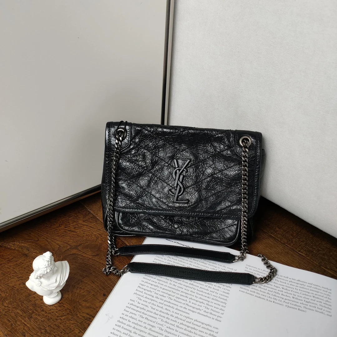 95新 YSL/圣罗兰 Azul-黑银油蜡皮niki小号单肩包49480