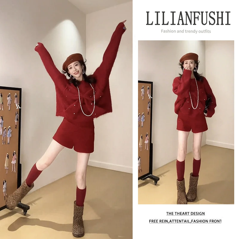 今年流行套装2025新款设计感宽松纯色长袖针织衫显瘦短裤两件套女