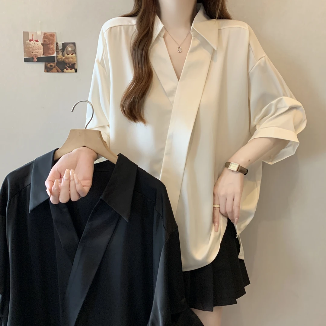 女装法式气质不对称门襟款式显瘦衬衫锻面设计感上衣