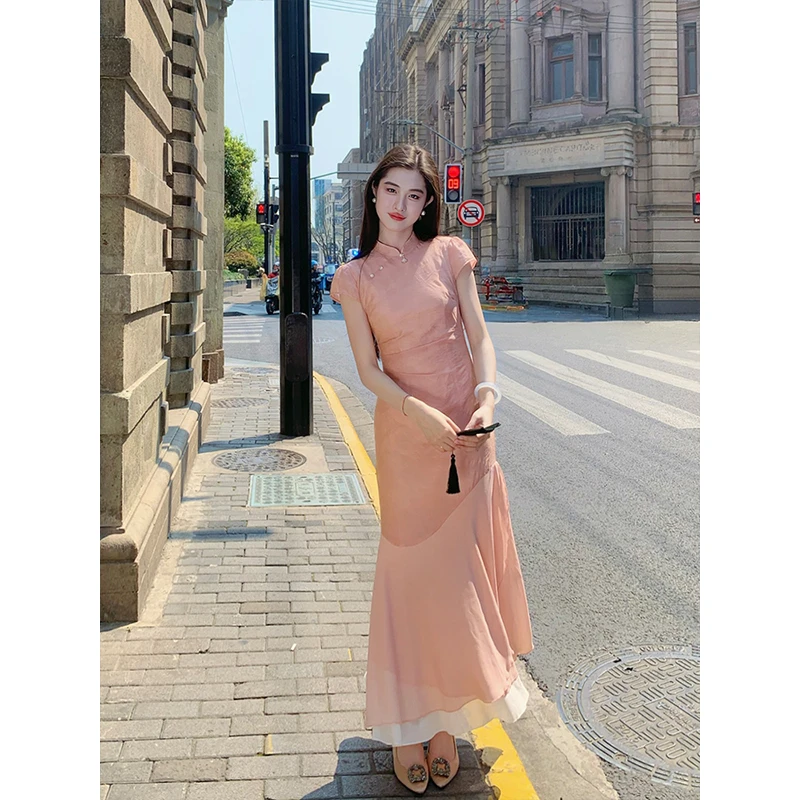 凌茜【稚菊】国风新中式橘粉花边遮肉收腰优雅高级气质感旗袍连衣裙