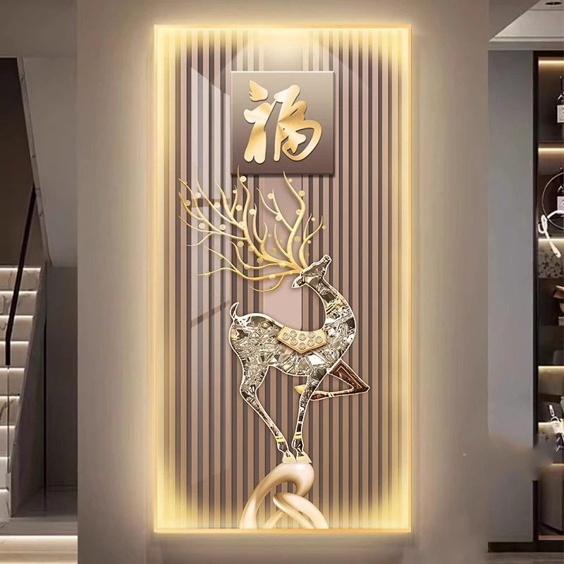 福禄玄关装饰画轻奢led带灯入户正对门挂画高端大气走廊过道壁画