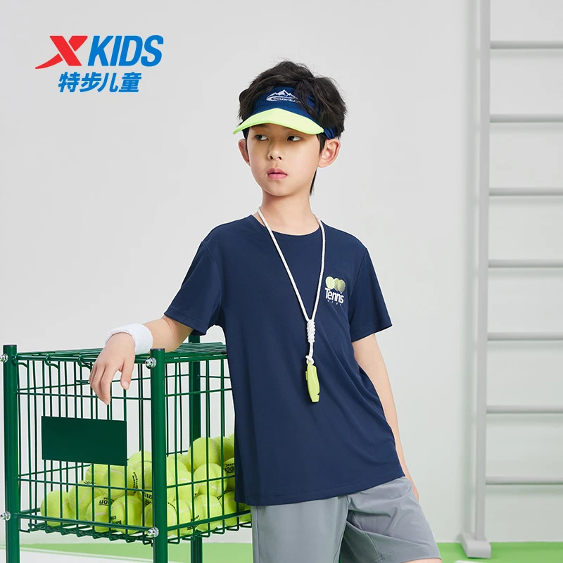 特步儿童2025夏季新款户外运动速干上衣透气吸湿条纹拼色T恤短袖